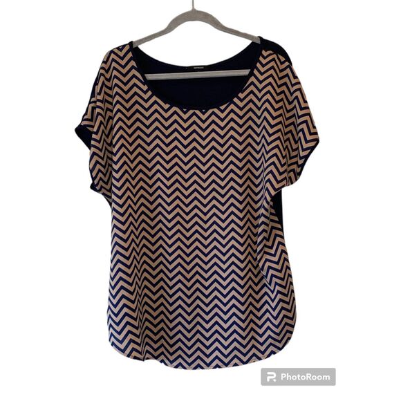 Expresso Womens Blouse 2X Navy Tan Short Sleeve - Picture 1 of 3
